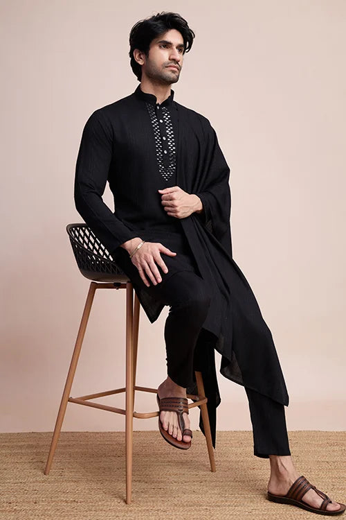 Black Designer Kurta Set with Mirror Work for Men Clothsvilla