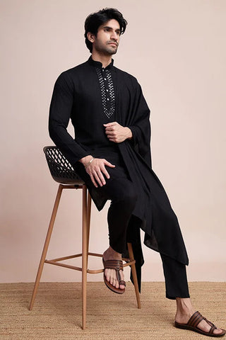 Black Designer Kurta Set with Mirror Work for Men Clothsvilla