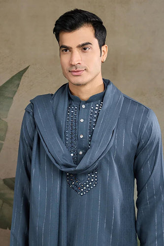 Diwali Special Blue Grey Viscose Silk Kurta with Mirror Work Clothsvilla