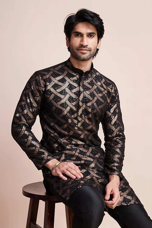 Designer Black Silk Kurta for Men - Festival Ready Wear Clothsvilla