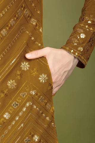 Yellow Viscose Rayon Men's Kurta with Thread & Sequence Work Clothsvilla