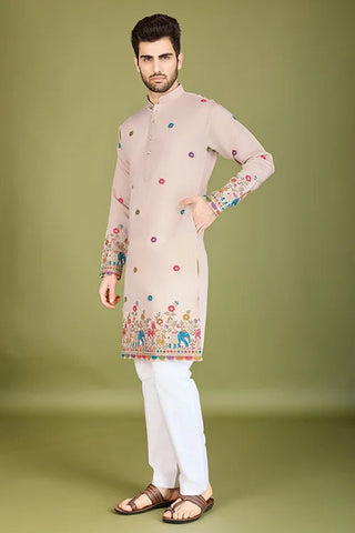 Ivory Viscose Silk Men's Kurta with Thread Work Clothsvilla