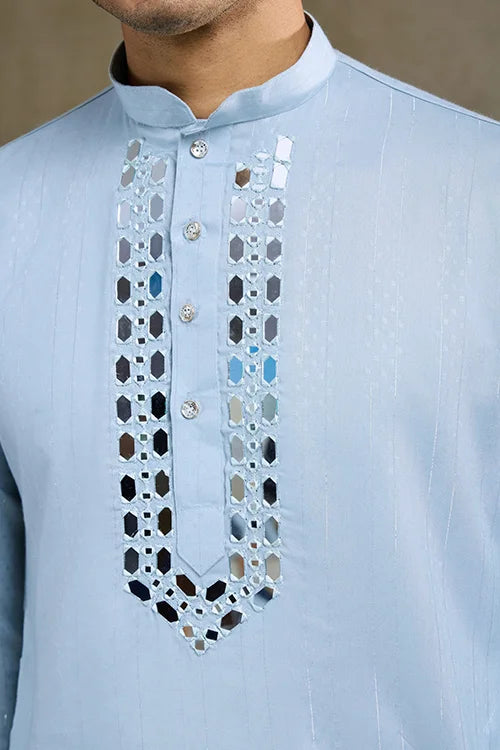 Sky Blue Designer Men's Kurta with Real Mirror Work Clothsvilla