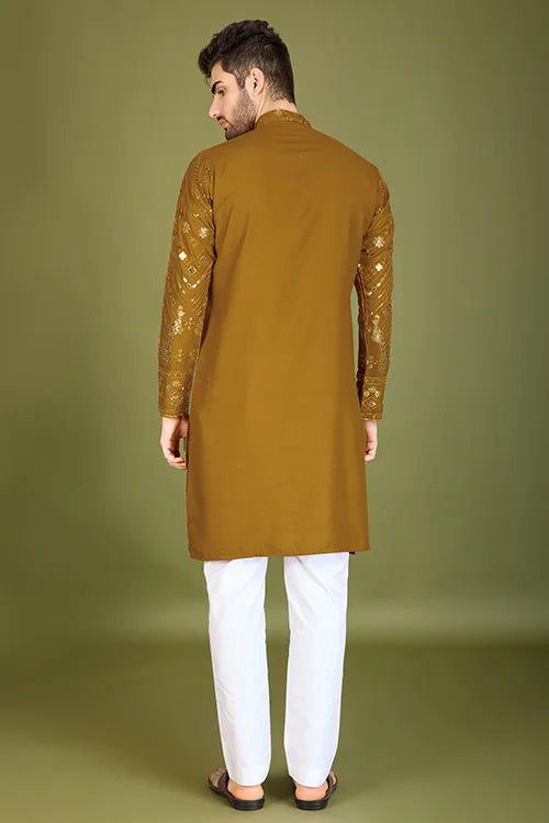 Yellow Viscose Rayon Men's Kurta with Thread & Sequence Work Clothsvilla