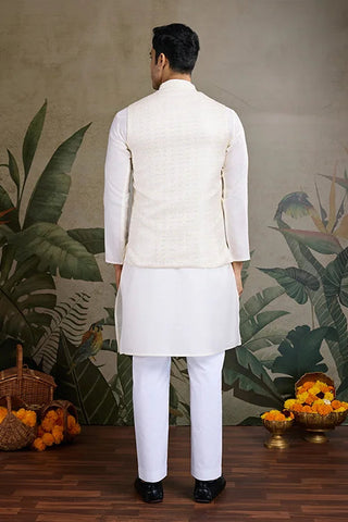 White Roman Silk Kurta with Jacquard Koti Jacket Clothsvilla