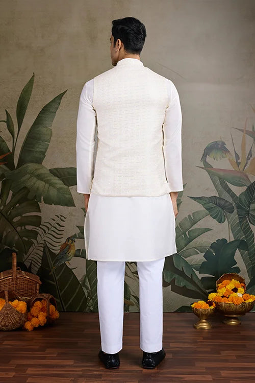 White Roman Silk Kurta with Jacquard Koti Jacket Clothsvilla