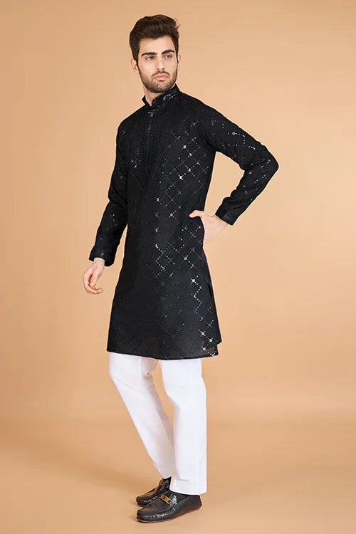Black Color Kurta with Dupatta for Mens Wear Clothsvilla