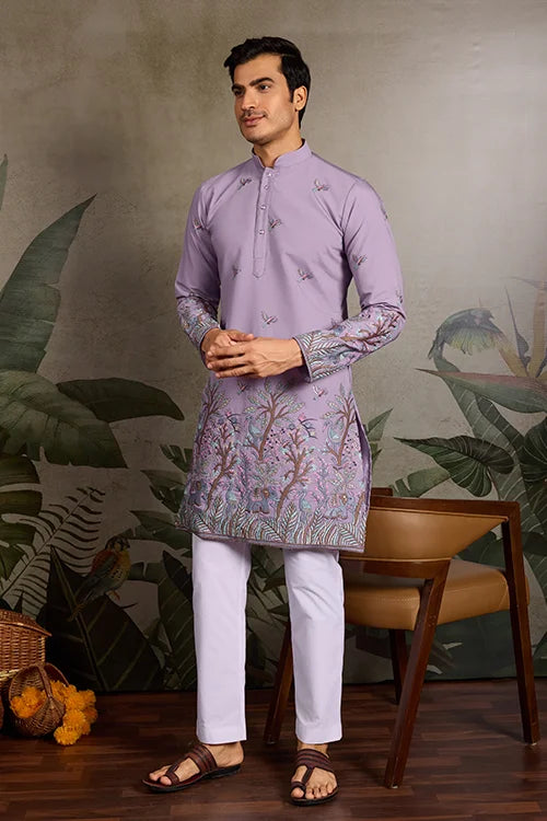 Premium Lavender Embroidered Kurta for Mens Wear Clothsvilla