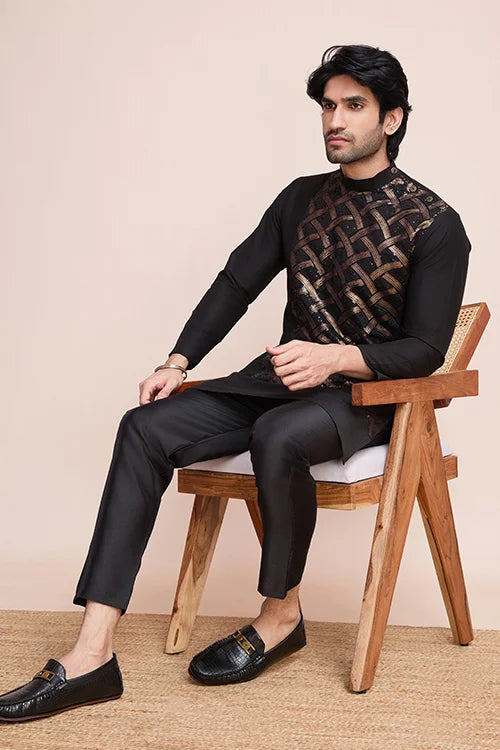 Black Silk Embroidered Work Designer Men's Wear Kurta Clothsvilla