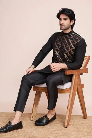 Black Silk Embroidered Work Designer Men's Wear Kurta Clothsvilla
