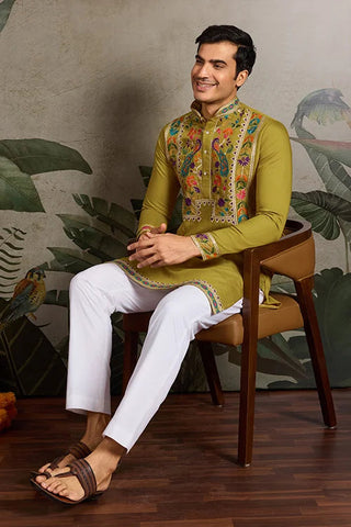 Festive Wear Flourescent Green Embroidered Kurta for Men Clothsvilla