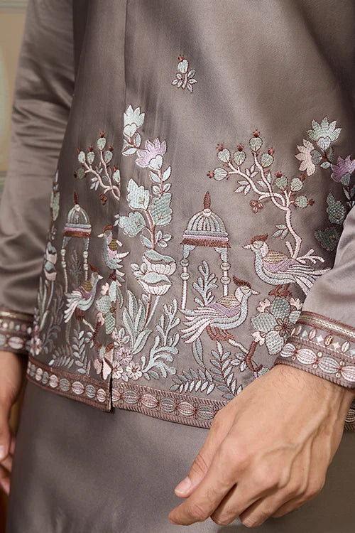 Grey Embroidered Koti Kurta Set for Mens Wear Clothsvilla