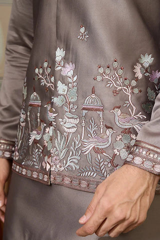 Grey Embroidered Koti Kurta Set for Mens Wear Clothsvilla