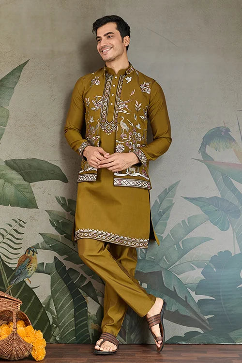 Golden Olive Open Koti Style Kurta Pajama Set for Men Clothsvilla