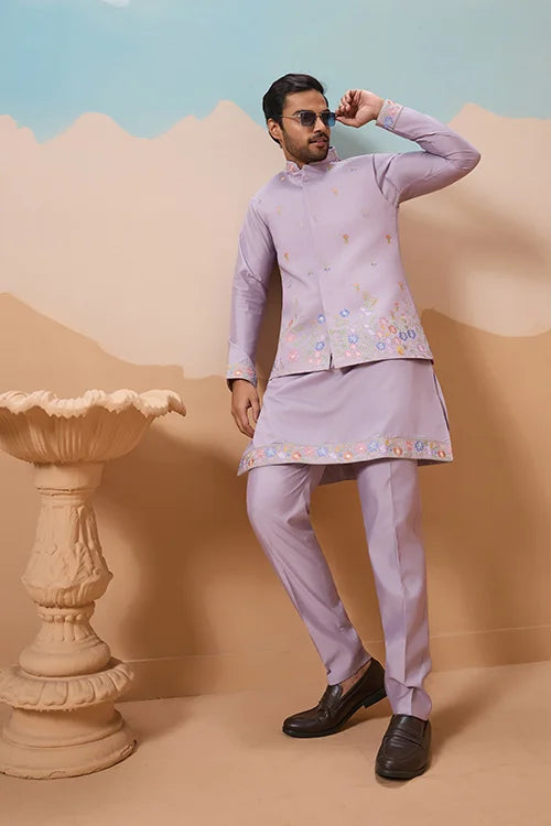 Trendy Lavender Wedding Celebration Beige Kurta Koti Pant Mens Clothsvilla
