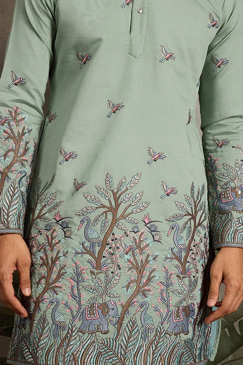 Embroidered Pista Green Wedding Kurta for Mens Clothsvilla