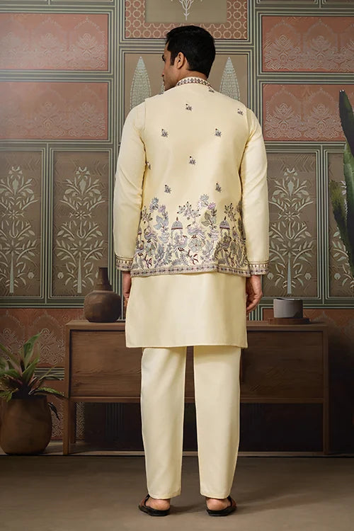 Haldi Special Light Yellow Koti Kurta Set for Mens Wear Clothsvilla