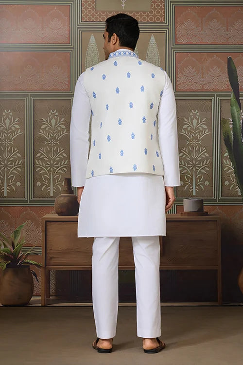Traditional White Kurta Blue Koti Pajama for Men Clothsvilla