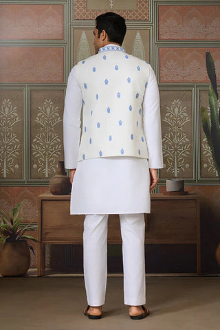 Traditional White Kurta Blue Koti Pajama for Men Clothsvilla