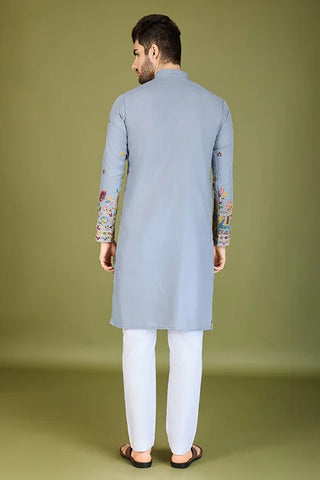 Sky Color Thread with Embroidered Cotton Gents Kurta Clothsvilla