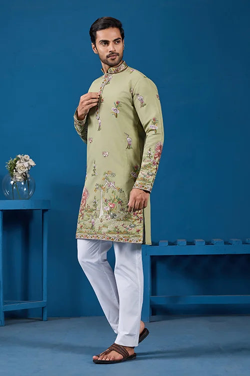 Traditional Pista Green Embroidered Kurta for Men Clothsvilla