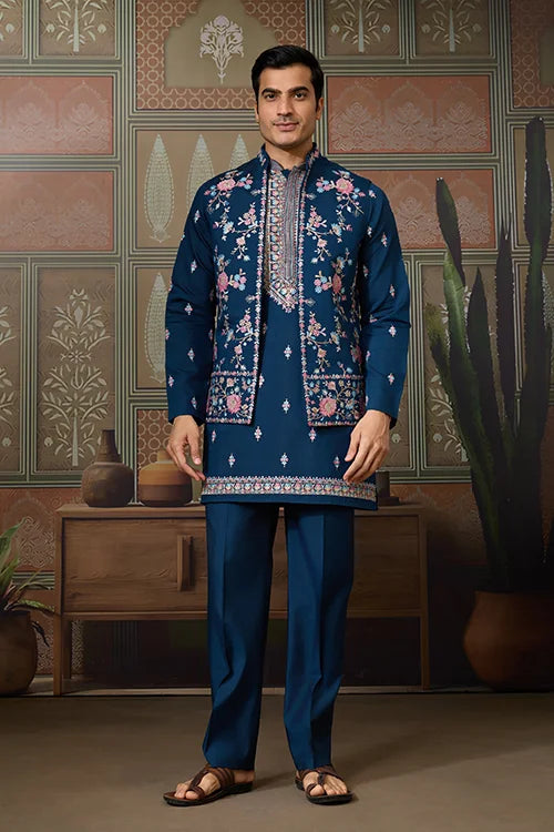Modern Teal Blue Open Koti Kurta Set for Men Clothsvilla