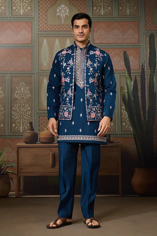 Modern Teal Blue Open Koti Kurta Set for Men Clothsvilla
