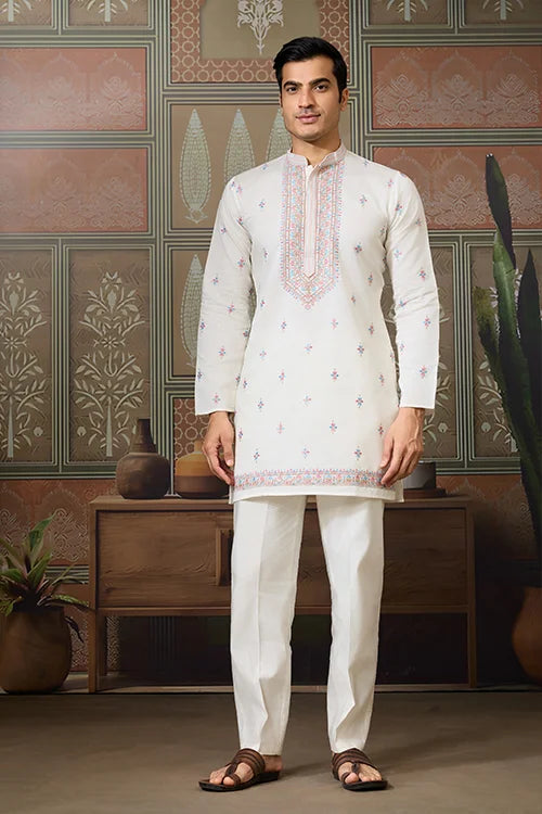 Ethnic White Embroidered Koti Kurta Set for Men Clothsvilla
