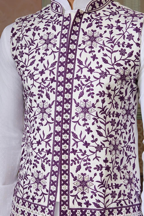 Classic White Mens Kurta Pajama with Stylish Purple Koti Clothsvilla