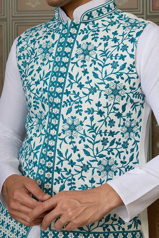 Traditional White Kurta with Teal Green Koti for Men Clothsvilla