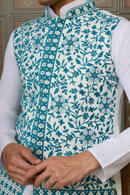 Traditional White Kurta with Teal Green Koti for Men Clothsvilla