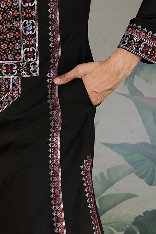 Designer Premium Embroidered Black Silk Kurta for Men Clothsvilla