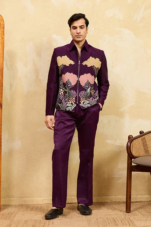 Wine Embroidery Bomber Jacket with Matching Pants for Mens Wear Clothsvilla