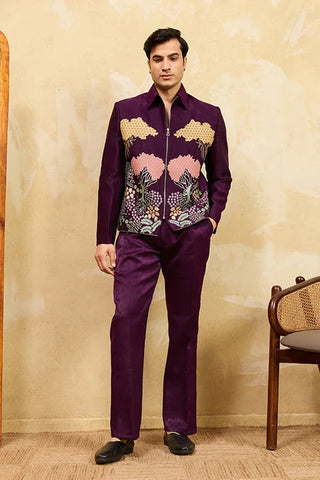 Wine Embroidery Bomber Jacket with Matching Pants for Mens Wear Clothsvilla