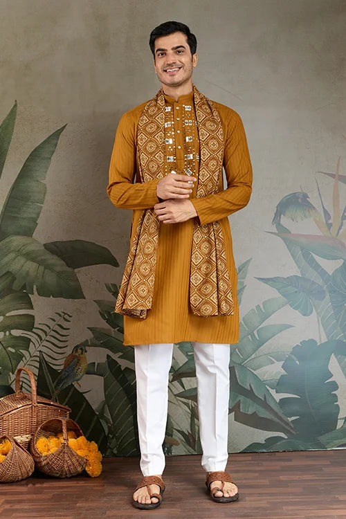 Wedding Special Mustard Mirror Kurta Set with Dupatta for Men Clothsvilla