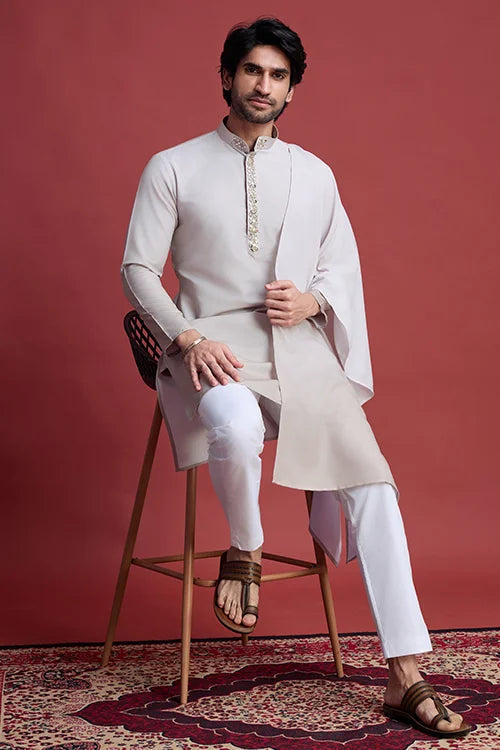 Designer Beige Kurta Set for Men with Mirror Work Clothsvilla