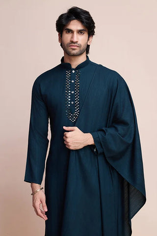 Teal Blue Kurta Set for Men with Mirror Work Design Clothsvilla