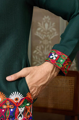 Navratri Style Green Cotton Readymade Kurta for Men Clothsvilla