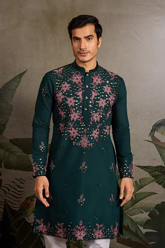 Party Look Green Mirror Embroidered Kurta Set for Men Clothsvilla