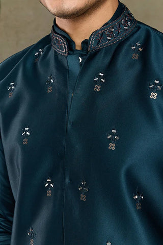 Teal Blue Embroidered Kurta Koti Set for Men Clothsvilla