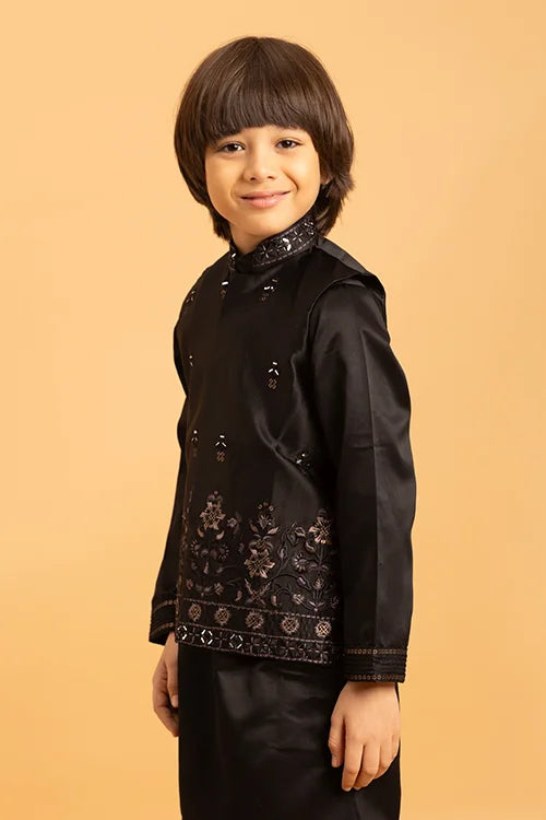 Traditional Black Mirror Work Koti Kurta Set for Boys Clothsvilla