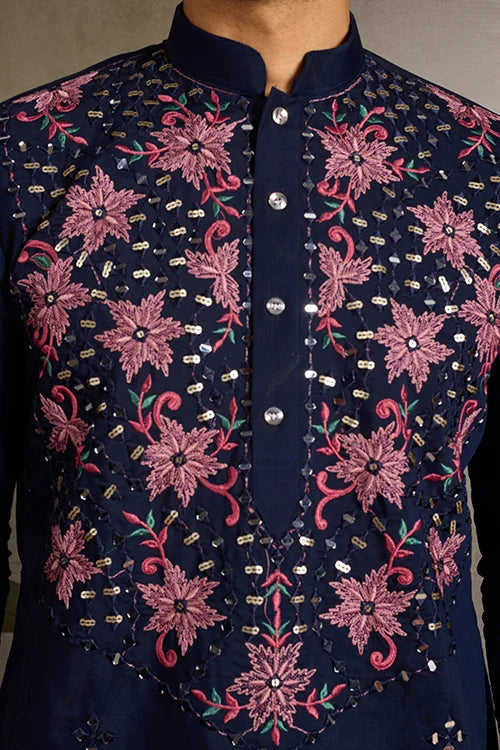 Wedding Special Navy Blue Embroidered Mens Kurta Set Clothsvilla
