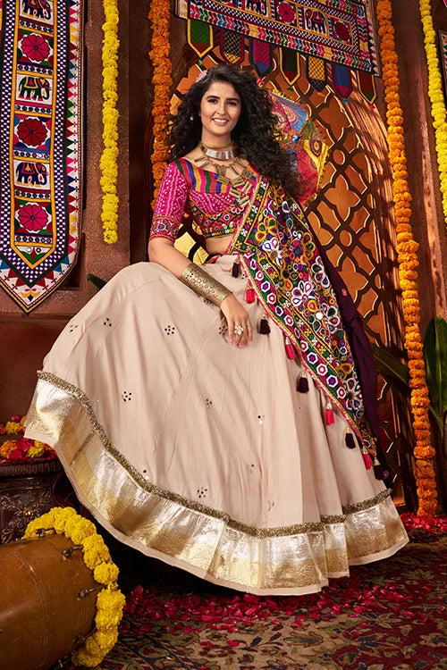 Navratri Special Beige Mirror Work Chaniya Choli Clothsvilla