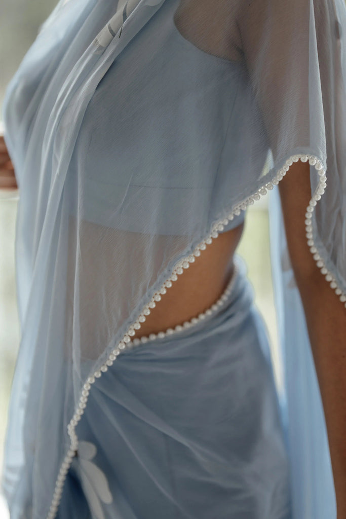 Sky Blue Pure Georgette Hand-Painted Floral Saree with Sequins & Pearl Detailing | Satin Blouse FANCY SAREES