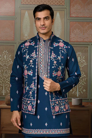 Modern Teal Blue Open Koti Kurta Set for Men Clothsvilla