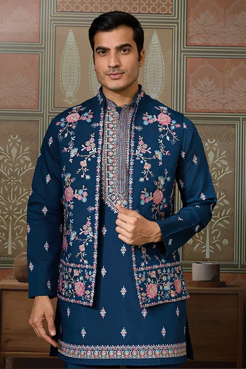 Modern Teal Blue Open Koti Kurta Set for Men Clothsvilla