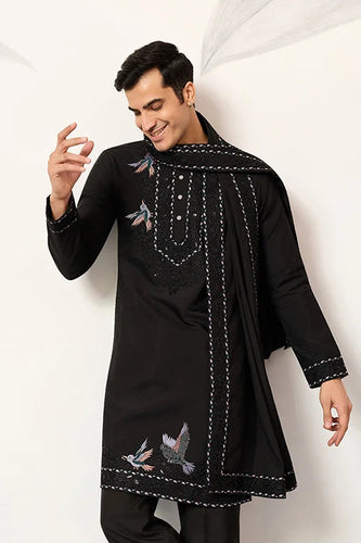 Black Stylish Trending Kurta with Dupatta for Mens Wear Clothsvilla