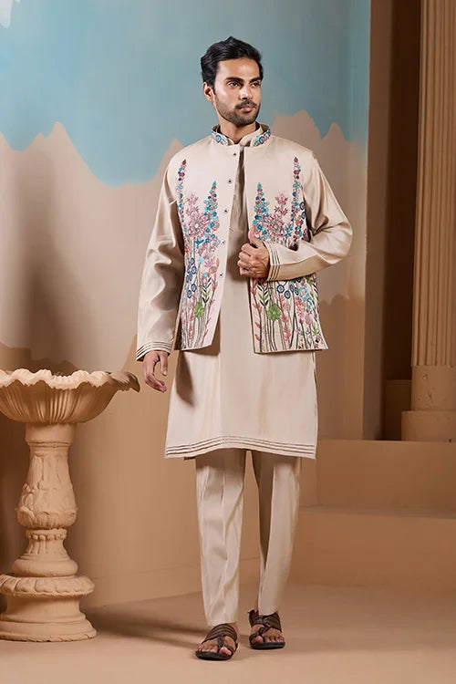 Elegant Fashionable Beige Koti Kurta Set for Mens Wear Clothsvilla