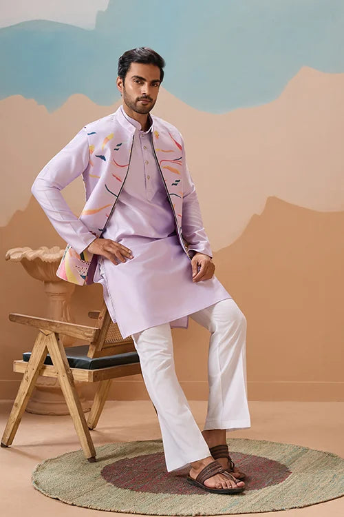 Lavender Wedding Carnival Koti Kurta Set for Mens Clothsvilla