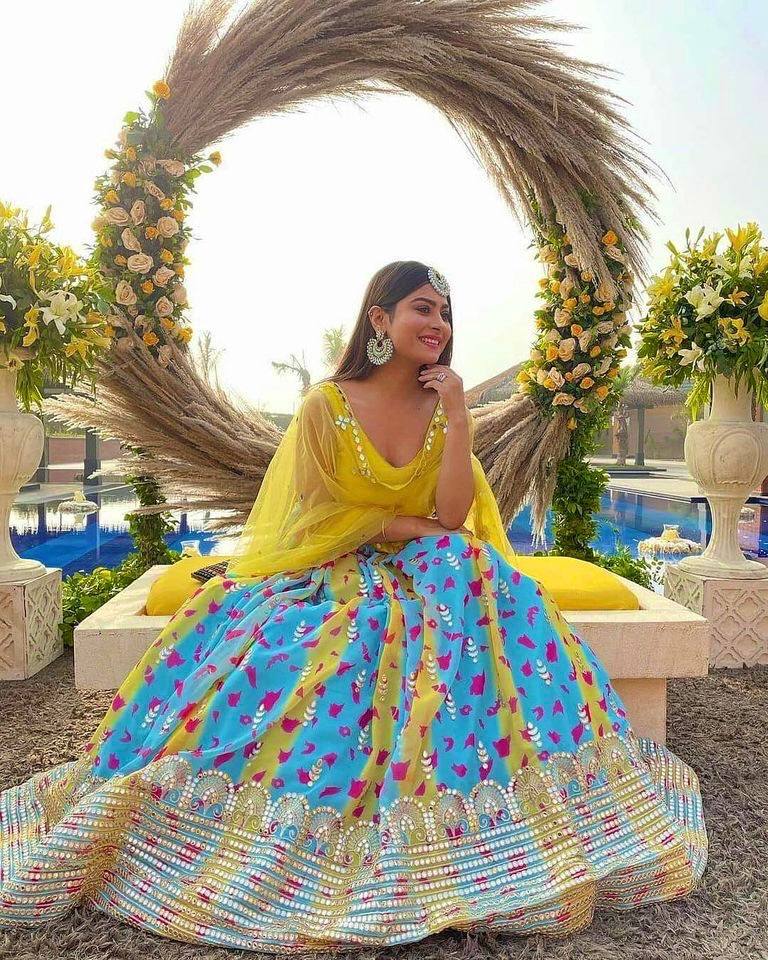 Multi Color Designer Digital Print Georgette Lehenga Set with Real & Paper Mirror Work ClothsVilla